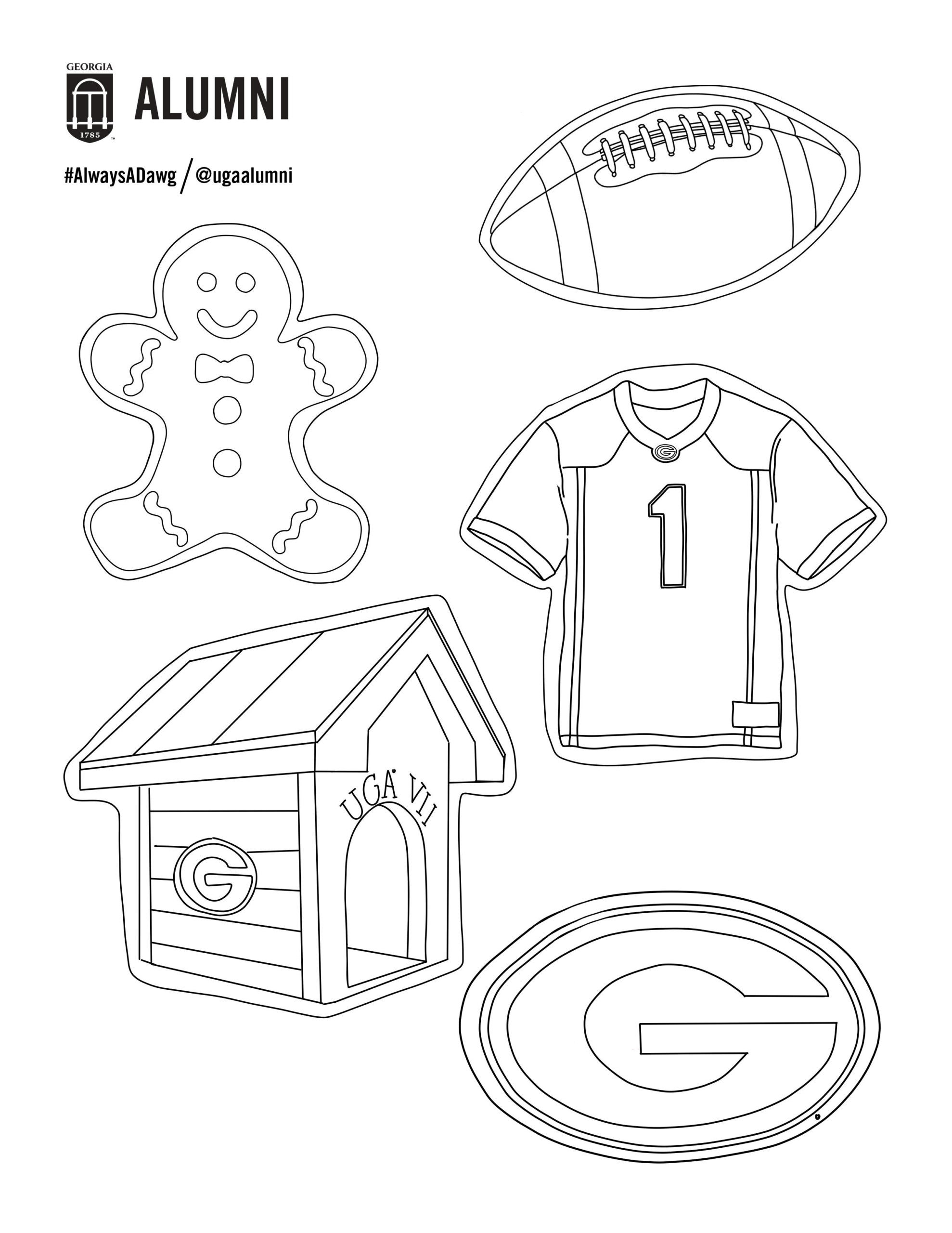 Coloring sheet with a gingerbread man, a football, a dog house, a jersey, and a super G cookie
