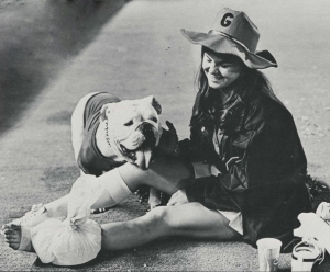 1970s: Student wearing Georgia clothes with a bulldog