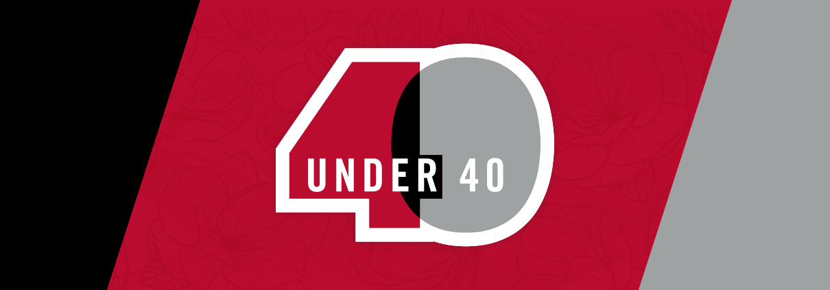 40 Under 40 logo is displayed on a red background with black and gray elements.