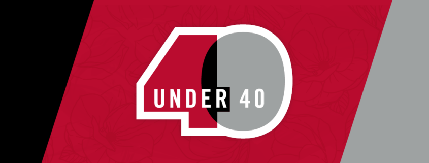 40 Under 40 logo is displayed on a red background with black and gray elements.