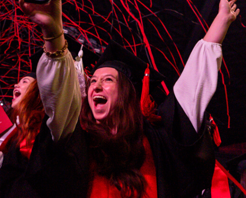 Streamers fall over the crowd during fall 2024 undergraduate commencement at Stegeman Coliseum. (PHOTO: Chamberlain Smith/UGA)