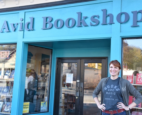 Janet Geddis (MED ’06) owner of Avid Bookshop stands in front of her store in Athens, GA