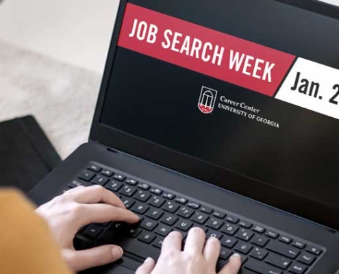 Girl on Laptop with Job Search Week dates on screen
