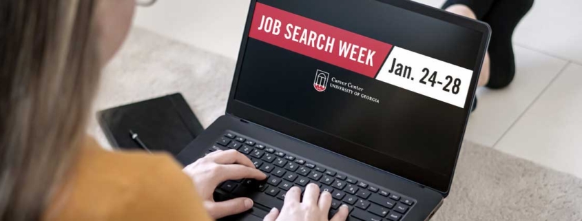 Girl on Laptop with Job Search Week dates on screen