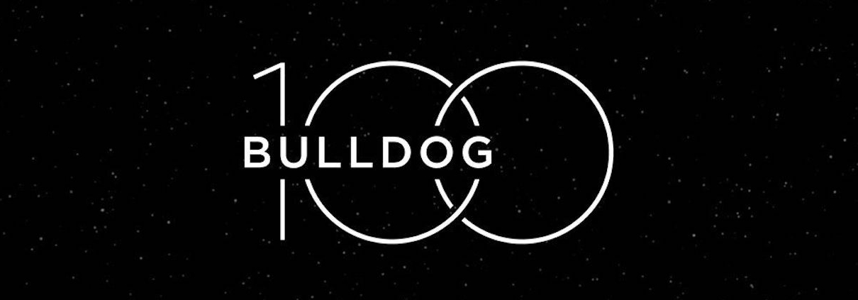 2022 Bulldog 100 logo - Bulldog 100 text on black cosmic background