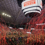 View of the 2018 Graduate School Spring Commencement ceremony streamer celebration. Image provided by the University of Georgia/by Chad Osburn.