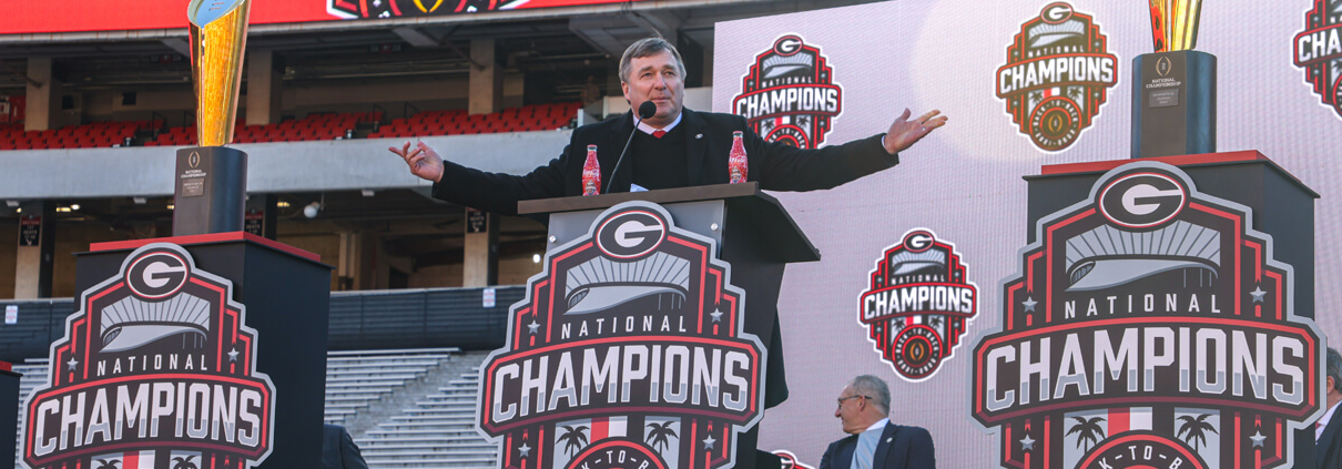 Kirby Smart speaks at the Jan. 14 national championship celebration in Sanford Stadium
