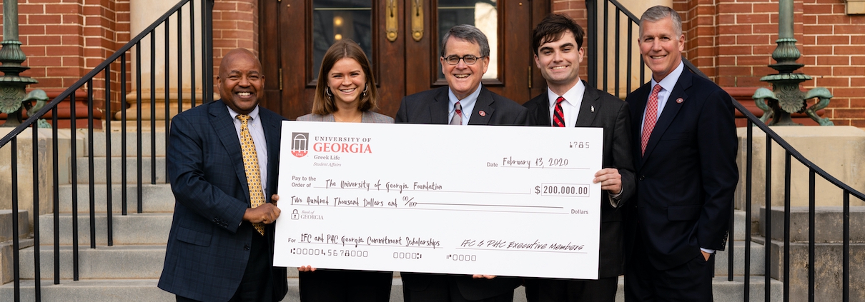 Pictured, L to R: Victor K. Wilson, vice president of student affairs; Jennings Brooks, UGA Panhellenic Council president; Jere W. Morehead, UGA president; Brennan Cox, UGA Interfraternity Council president; Kelly Kerner, vice president for development and alumni relations