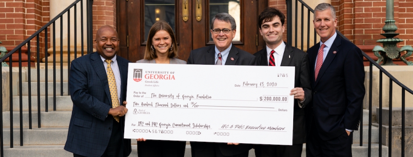 Pictured, L to R: Victor K. Wilson, vice president of student affairs; Jennings Brooks, UGA Panhellenic Council president; Jere W. Morehead, UGA president; Brennan Cox, UGA Interfraternity Council president; Kelly Kerner, vice president for development and alumni relations