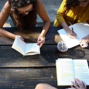 Students reading with coffee.