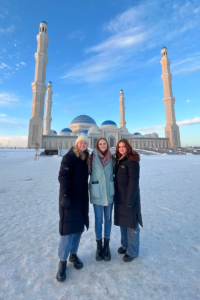 Natalie Navarette and her classmates stand in front of the grand mosque in Astana, Kazakhstan, which is the biggest mosque in Central Asia and one of the biggest in the world. She stands with Sydney Drake (UGA) and Molly Burhans (IU), who were also students in the Russian Flagship program. (Photo courtesy of Natalie Navarette).