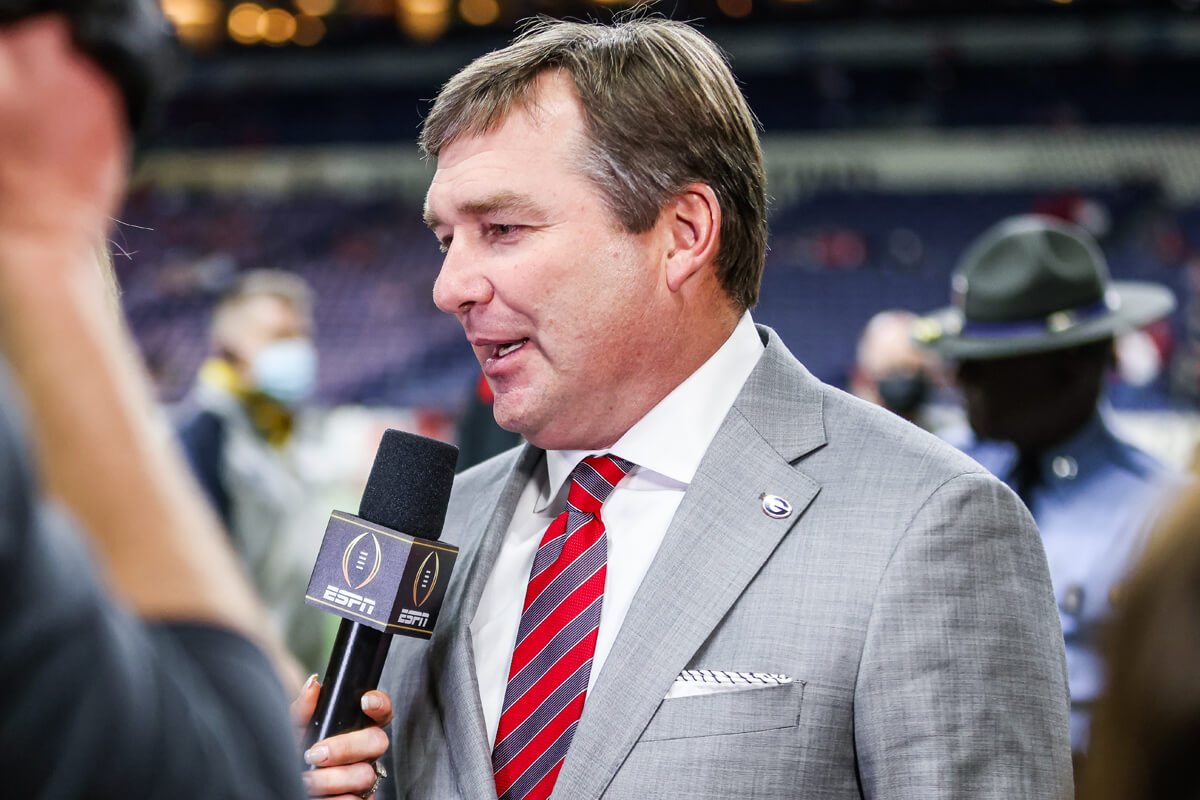 Kirby Smart speaks to a reporter prior to the 2022 CFP National Championship