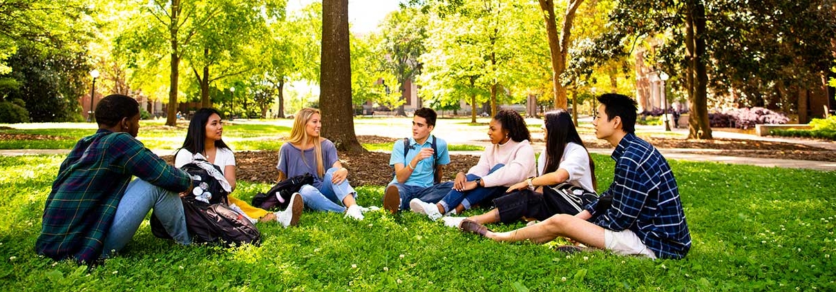 Diverse group of students chat on the lawn