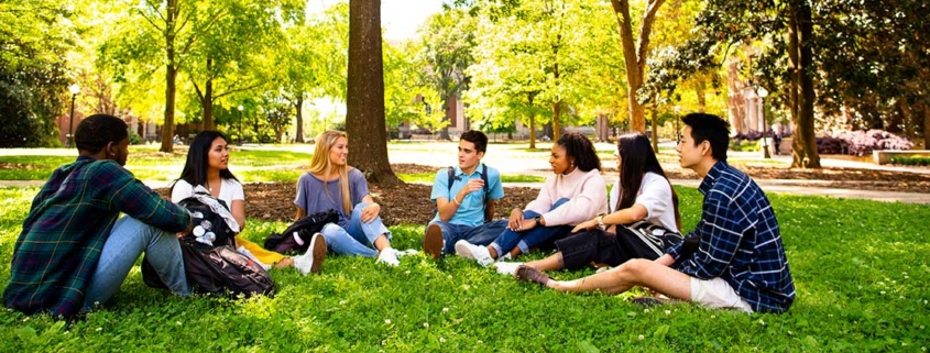 Diverse group of students chat on the lawn