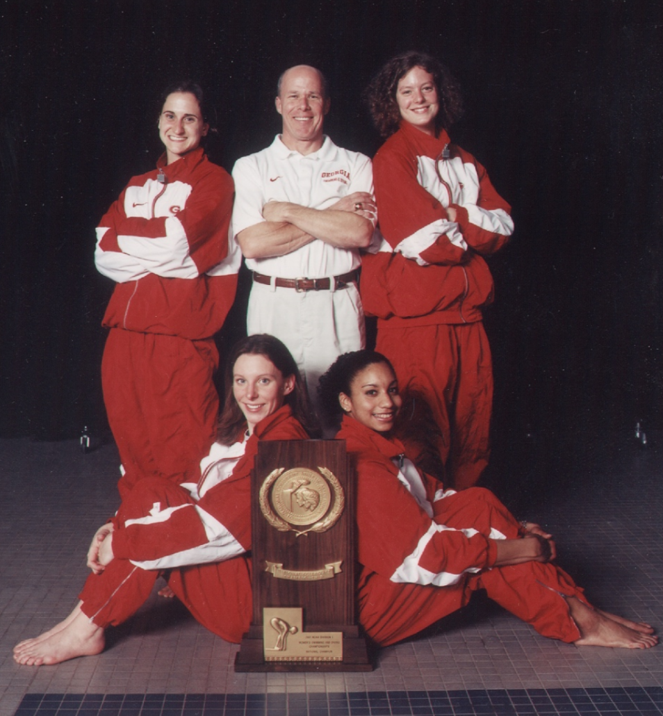 Stefanie Williams Moreno (bottom left) with teammates during her time as a UGA swimmer.