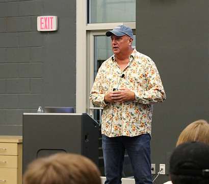 Baker speaks to UGA students during a guest presentation in April 2018. 