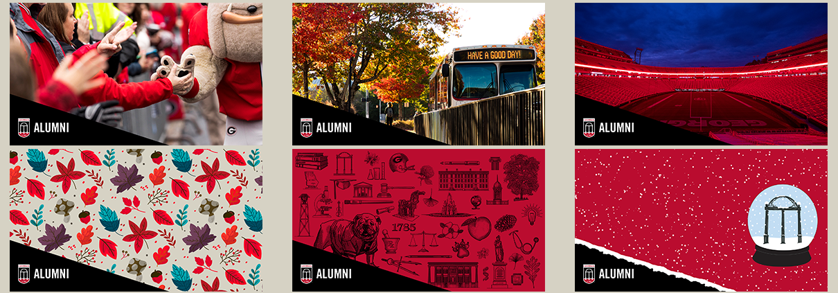 Various UGA Fall/Winter Zoom backgrounds displayed in a 2 by 3 grid