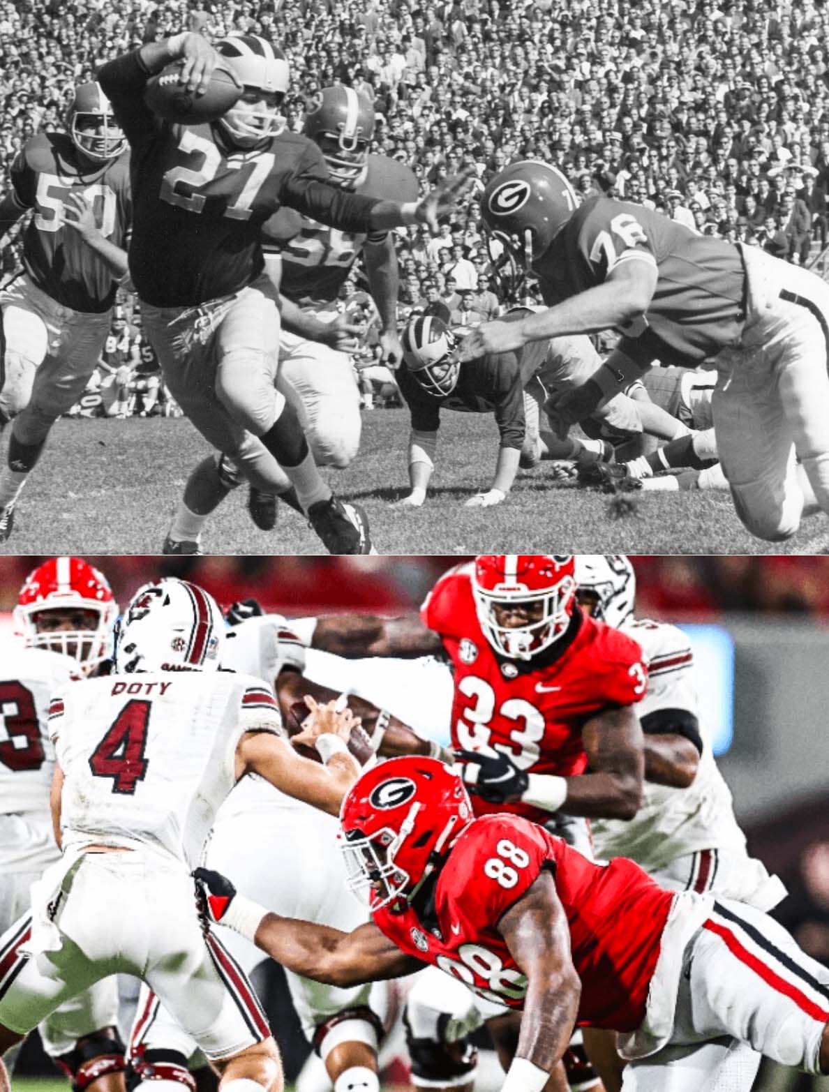 UGA uniforms in 1965 and 2021